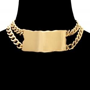 Chunky Smooth Id Plate Gold Double Chain Choker..