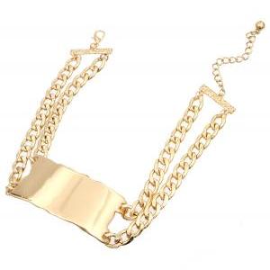 Chunky Smooth Id Plate Gold Double Chain Choker..