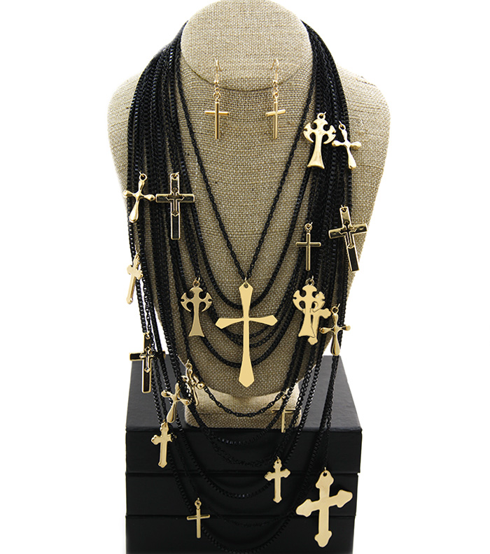 Gold And Black Cross Charms Necklace Set