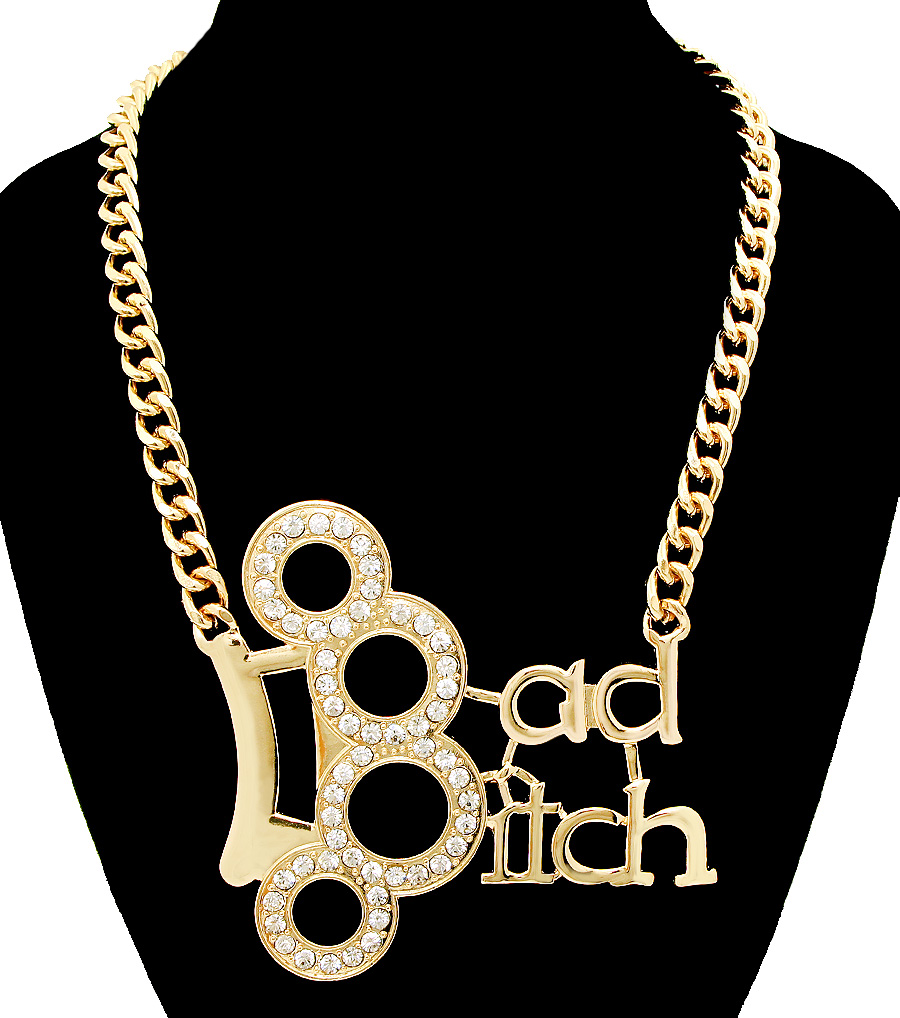 Gold Bad Bitch Crystal Knuckle Ring Statement Necklace Chain