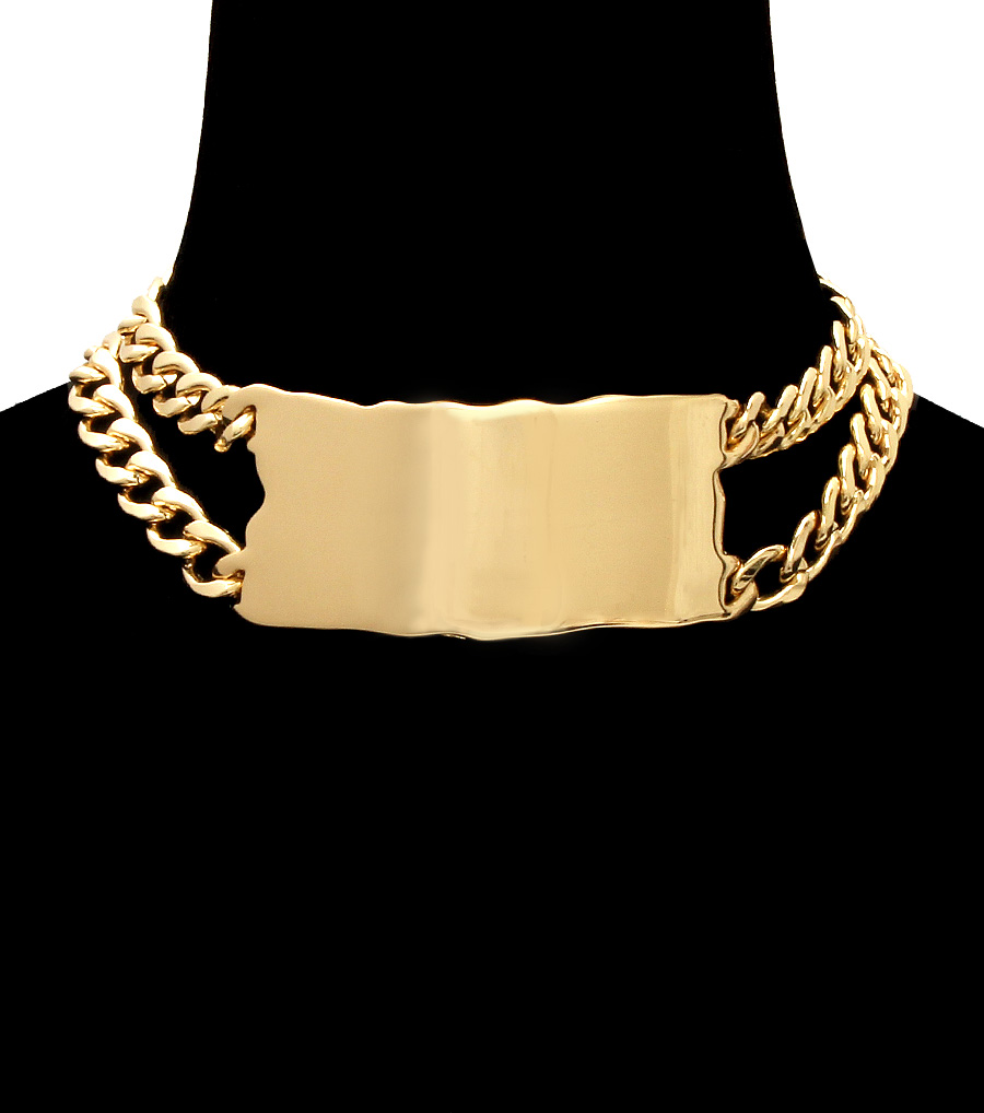 Chunky Smooth Id Plate Gold Double Chain Choker Style Necklace