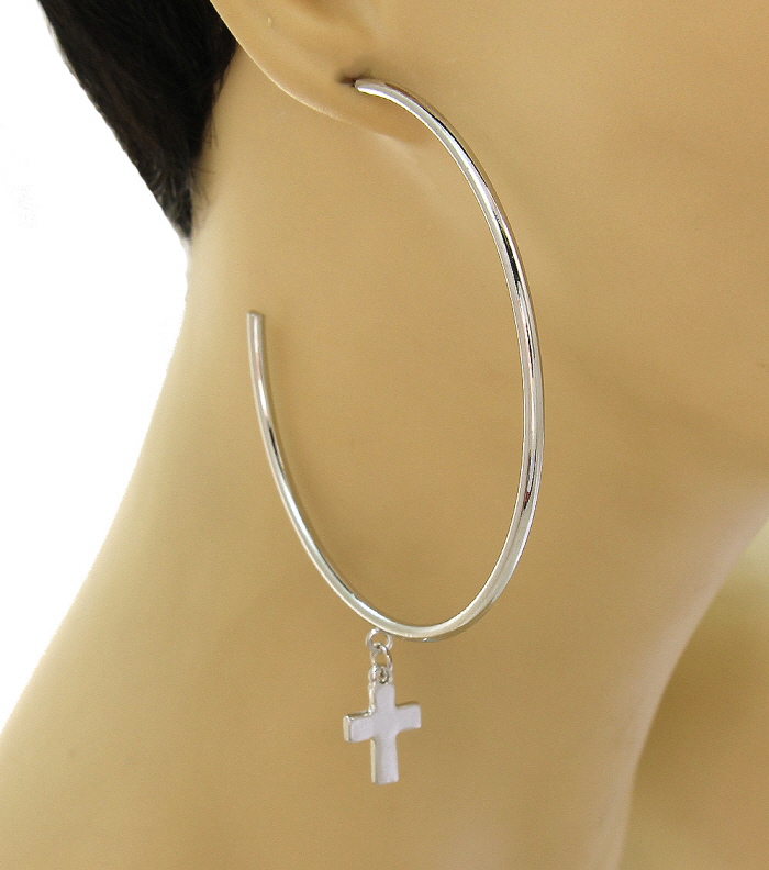 Silver Cross Dangle Charm Simple Hoop Fashion Statement Earrings
