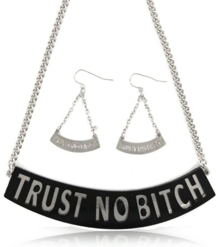 Black Silver Trust No Bitch Pendant Necklace Jewelry Set